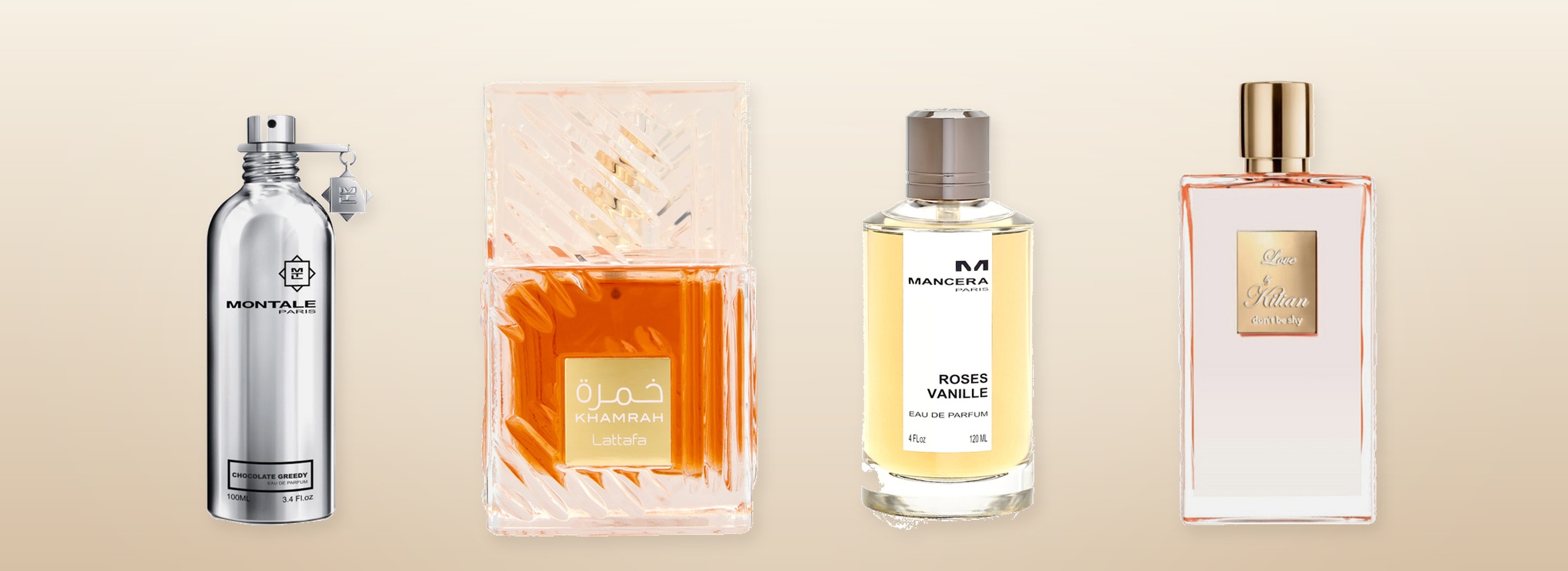 Подборка духов с запахом белого шоколада: Montale Chocolate Greedy, Lattafa Khamrah, Mancera Roses Vanille, Kilian Love